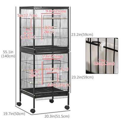 PawHut 55.1" 2 In 1 Bird Cage Aviary Parakeet House for finches, budgies with Wheels, Slide-out Trays, Wood Perch, Food Containers, Black