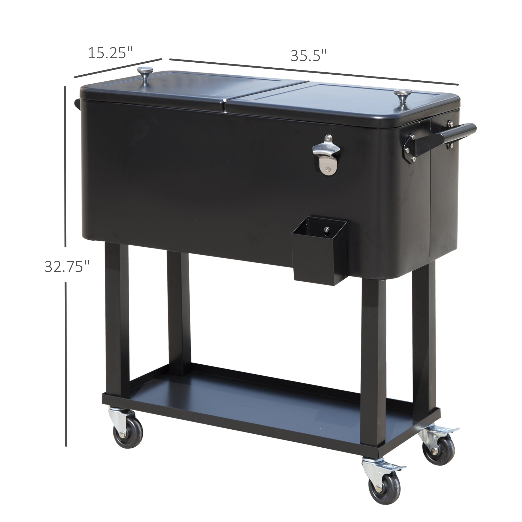 Outsunny 80 Quart Rolling Cooler Cart Portable Patio Ice Beer Beverage Cooling Bin for Outdoor Party w/ Bottle Opener & Storage Shelf Black