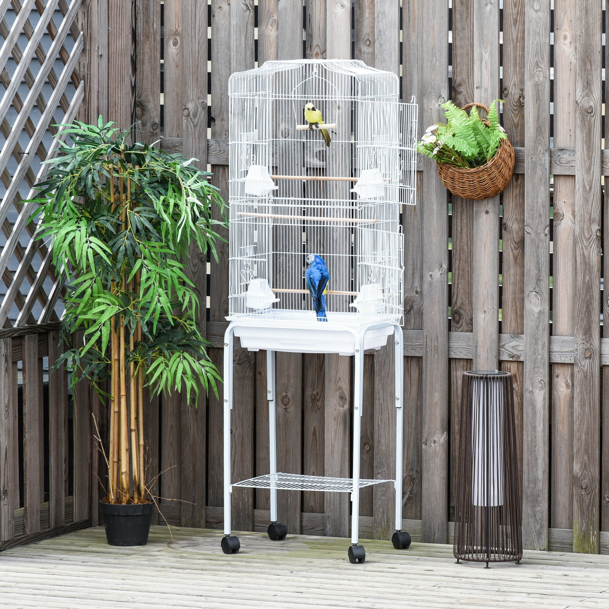 PawHut 62" Rolling Bird Cage Cockatoo House Play Top Finch Pet Supply with Storage Shelf, Wheels - White