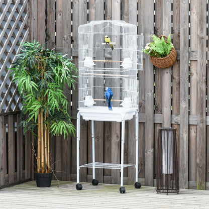 PawHut 62" Rolling Bird Cage Cockatoo House Play Top Finch Pet Supply with Storage Shelf, Wheels - White