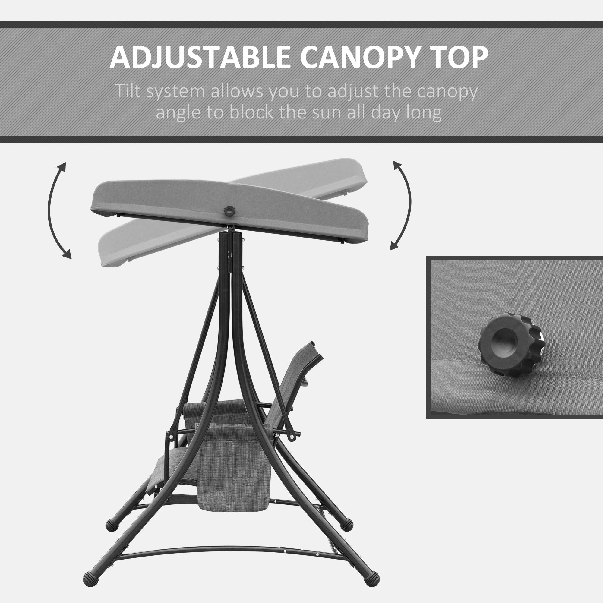 Outsunny 3 Person Porch Swing Outdoor Swing Chair with High Back Design, Side Pouches and Adjustable Canopy, Dark Grey