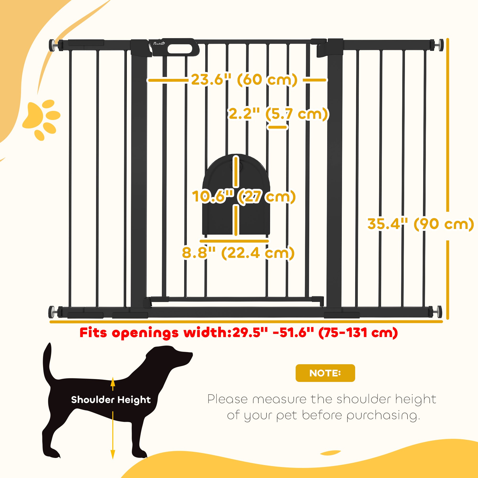 PawHut 30"-52" Extra Wide Pet Gate Barrier with Small Door, 35"H Dog Gate with Safety Gate Barrier, Stair Pressure Fit, Black