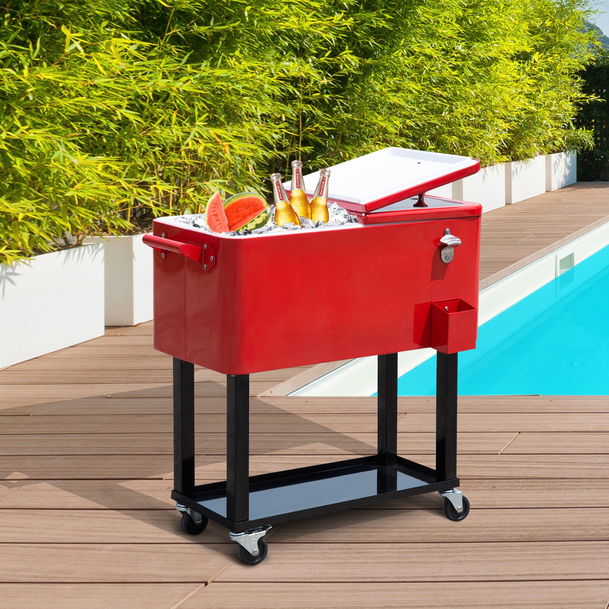 Outsunny 80 Quart Rolling Cooler Cart Portable Patio Ice Beer Beverage Cooling Bin for Outdoor Party w/ Bottle Opener & Storage Shelf Red