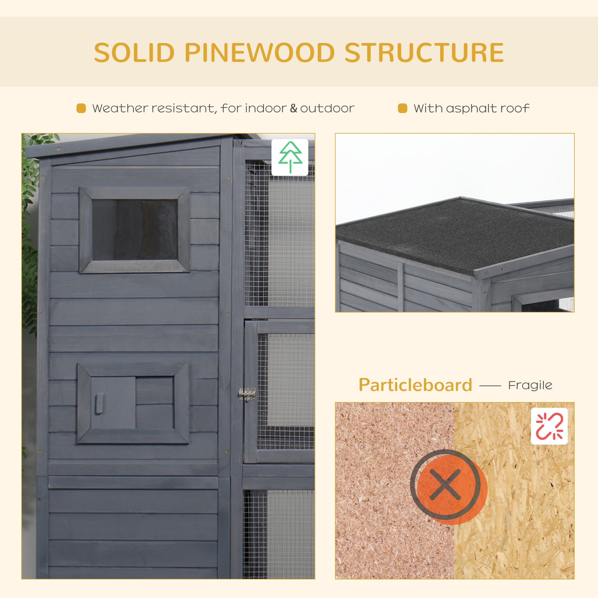 PawHut Outdoor Wooden Catio with 4 Tier Main House, Ramp, Platforms, Asphalt Roof, Ramps, Sliding Door, Window, Grey