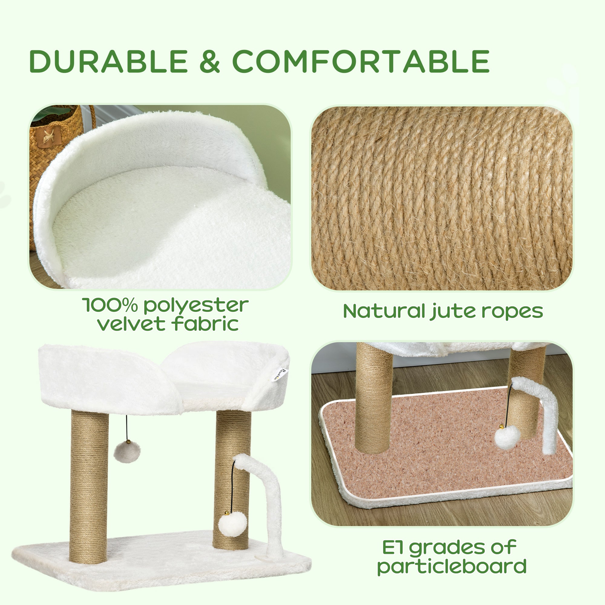 PawHut Cat Tower Condo for Indoor Cats, Small Cat Tree with Jute Scratching Posts, Top Perch, Dangling Balls, White