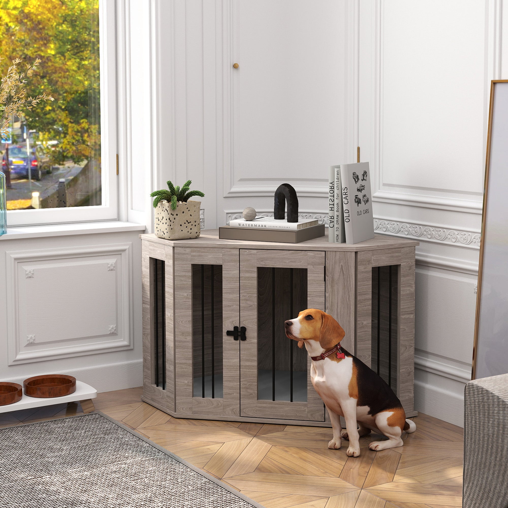 PawHut Dog Crate Furniture with Cushion, 41 Inch Corner Design Dog Crate End Table for Medium Dogs, Grey