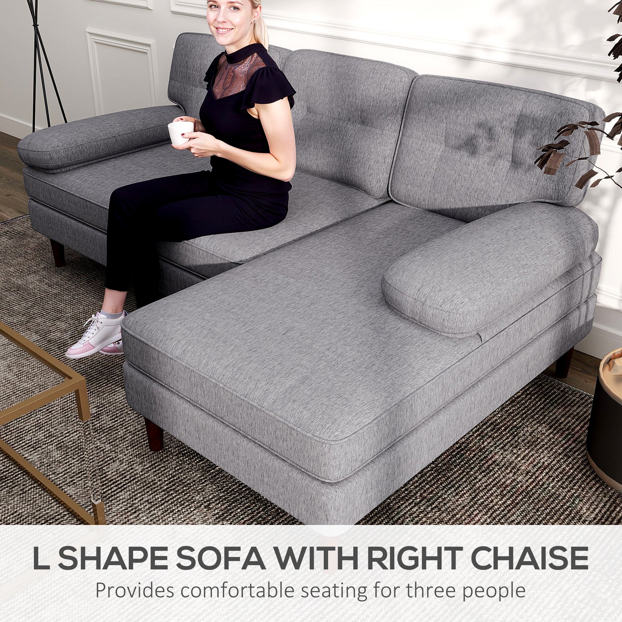 HOMCOM Modern Corner Couch with Right Chaise Lounge, Tufted 3-Seater Sofa with Wooden Legs for Living Room, Bedroom, Grey