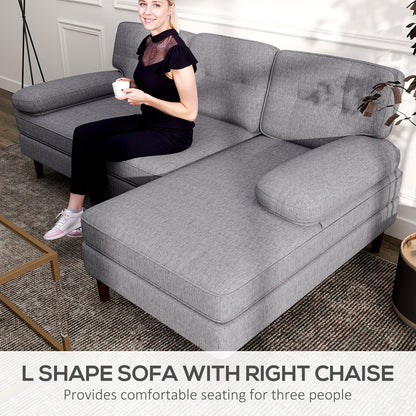 HOMCOM Modern Corner Couch with Right Chaise Lounge, Tufted 3-Seater Sofa with Wooden Legs for Living Room, Bedroom, Grey