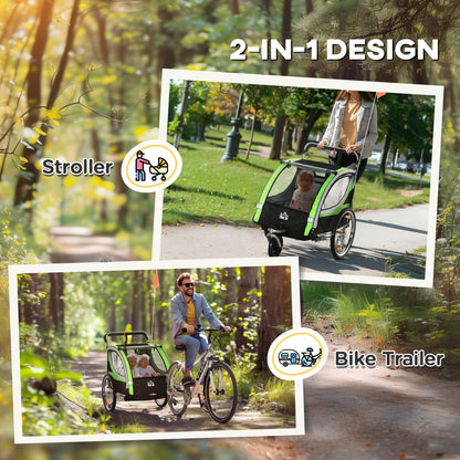 Aosom 2-in-1 Double Baby Jogging Stroller, Bike Trailer for Kids & Toddlers with Handbrake, 5 Point Harness, Waterproof Cover, Storage Bag, Safety Flag, Reflectors, Green