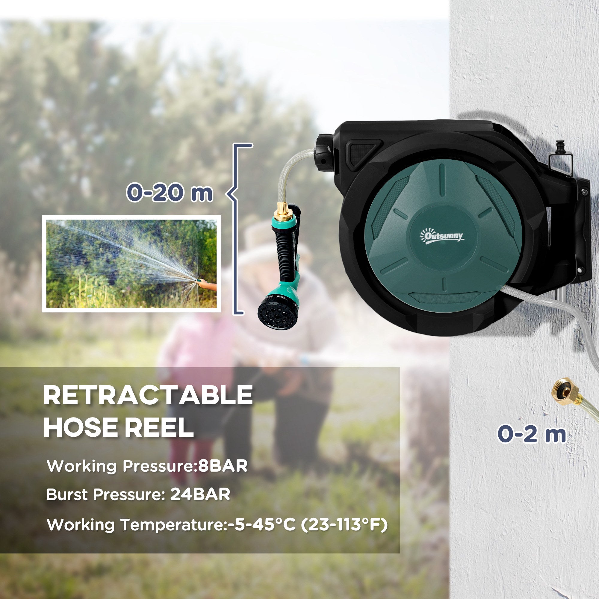 Outsunny 1/2 in x 65ft Wall Mounted Garden Hose Reel, Retractable Water Hose Reel with Auto Rewind, Any Length Lock, Blue