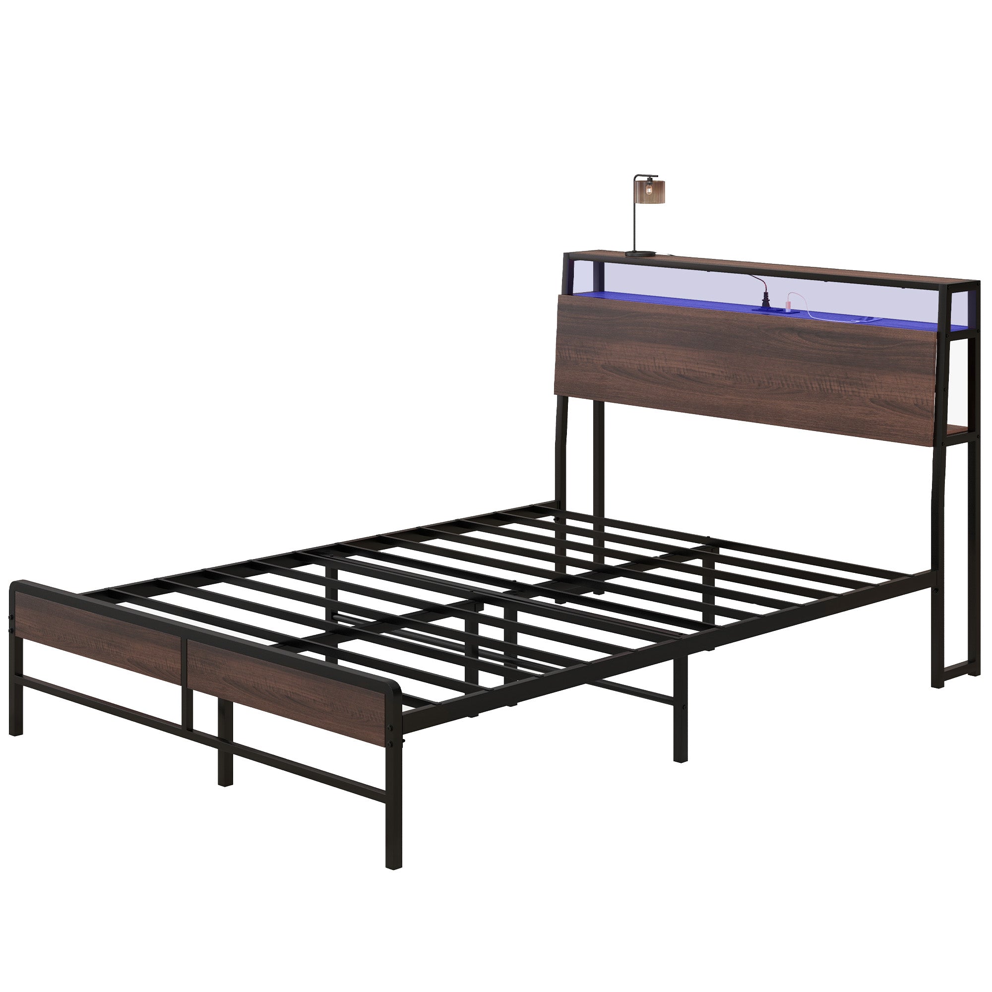 HOMCOM Full Size Bed Frame with LED Lights and Charging Station, Full Bed Frame with Storage Headboard, Noise-Free, Walnut