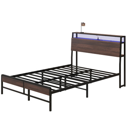HOMCOM Full Size Bed Frame with LED Lights and Charging Station, Full Bed Frame with Storage Headboard, Noise-Free, Walnut