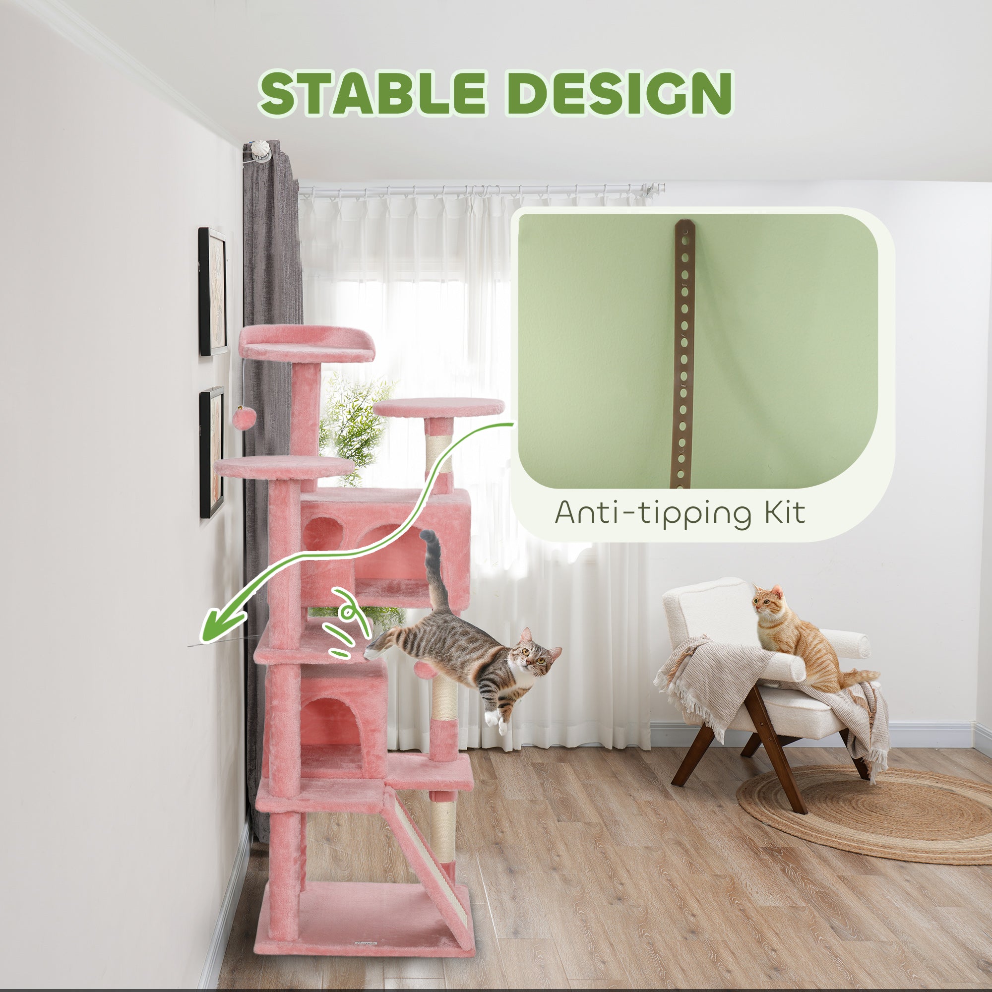 PawHut 54" Cat Tree, Multi-Level Cat Tower with Scratching Posts, Cat Condos, Bed, Platforms, Ramp, Toy Ball, Pink