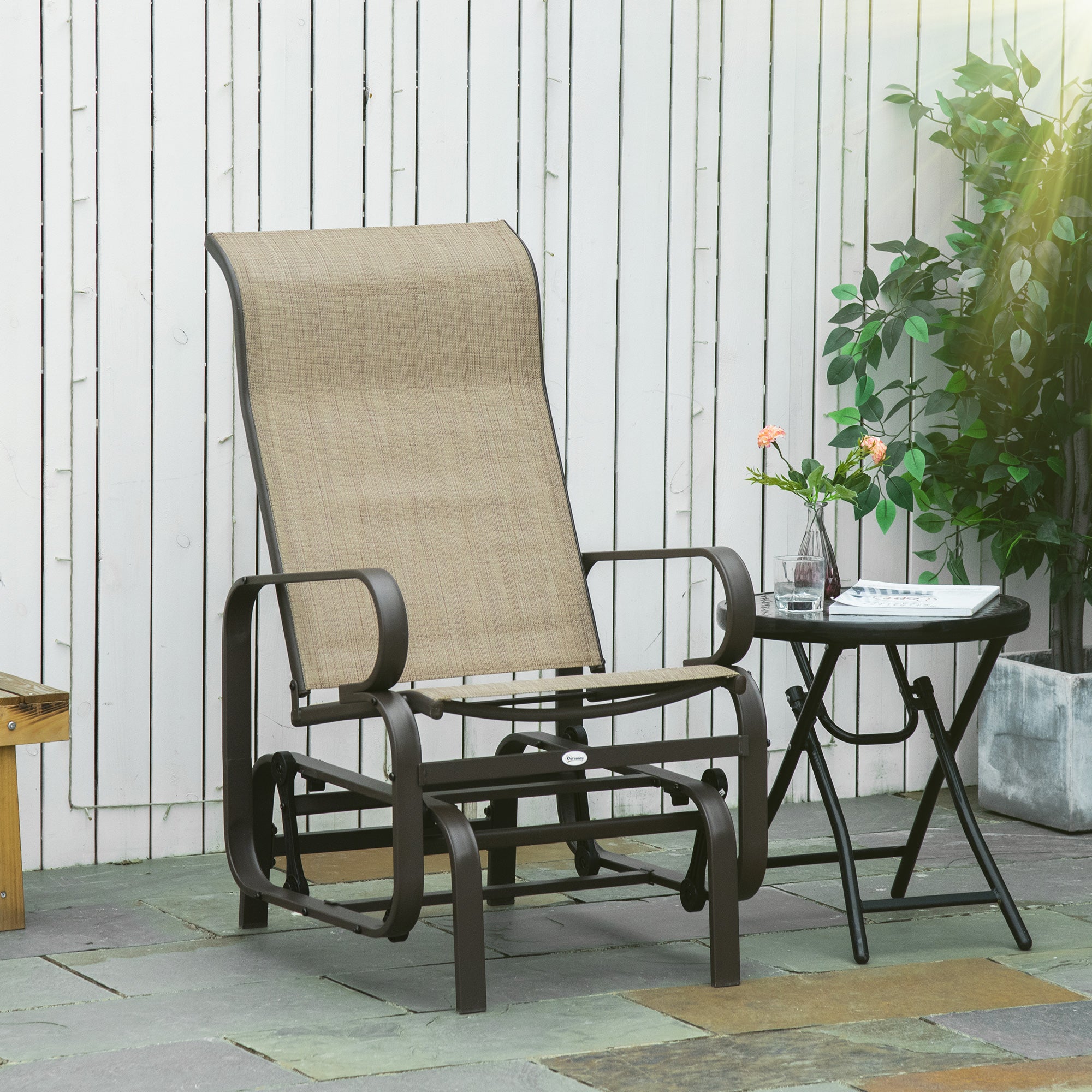 Outsunny Patio Glider with Breathable Mesh Fabric, Outdoor Glider Chair, Garden Rocking Gliding Seat for Patio, Yard, Porch, Brown Flaxen