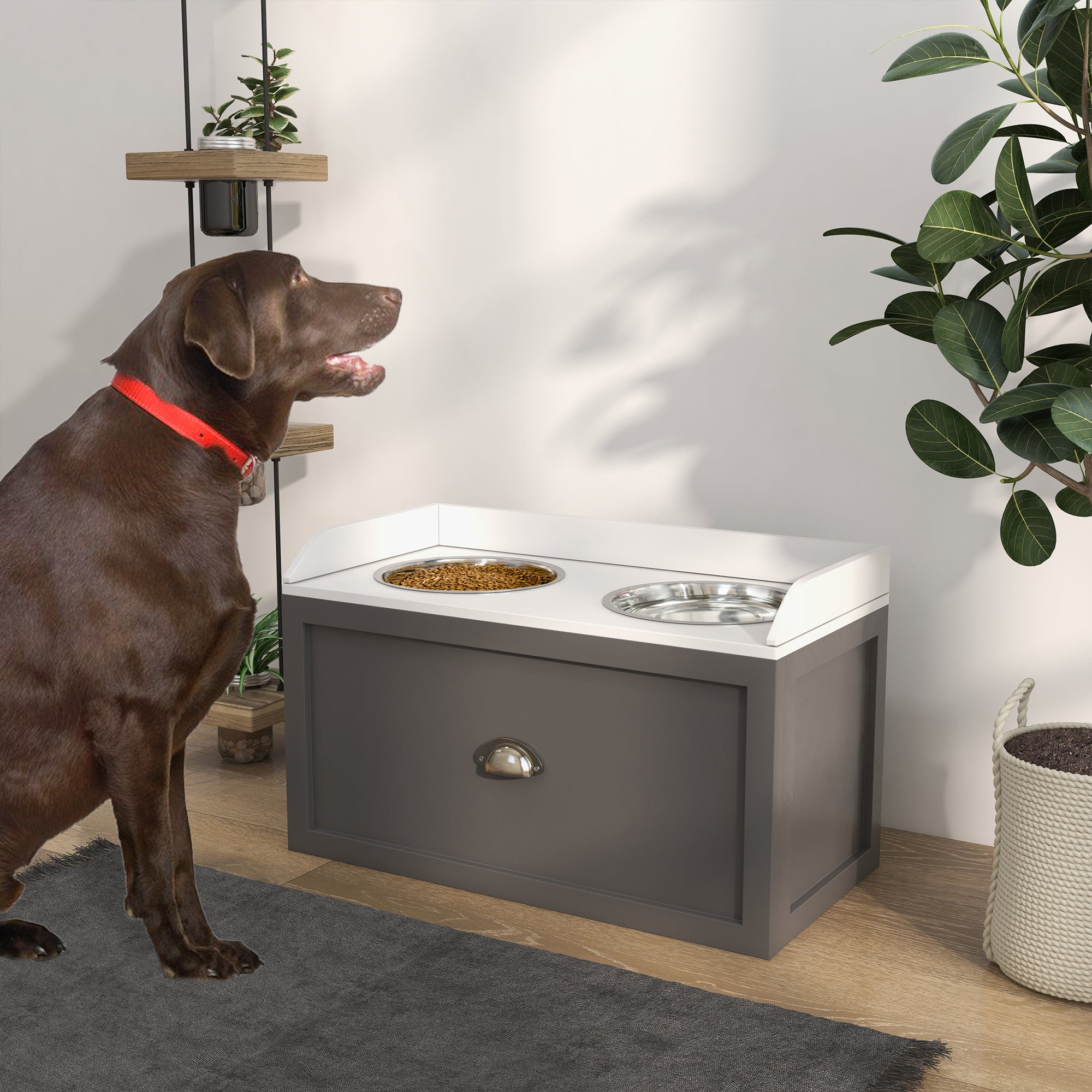 PawHut Large Elevated Dog Bowls with Storage Drawer, Raised Pet Feeding Station with 2 Stainless Steel Bowls, Grey
