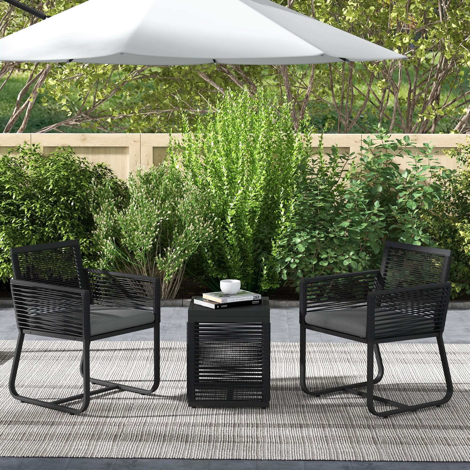 Outsunny 3 Pieces Patio Furniture Outdoor PE Rattan Bistro Set w/ Seat Cushions Tempered Glass Table for Garden Backyard, Black