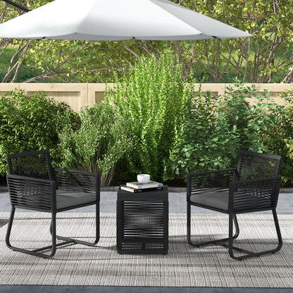 Outsunny 3 Pieces Patio Furniture Outdoor PE Rattan Bistro Set w/ Seat Cushions Tempered Glass Table for Garden Backyard, Black