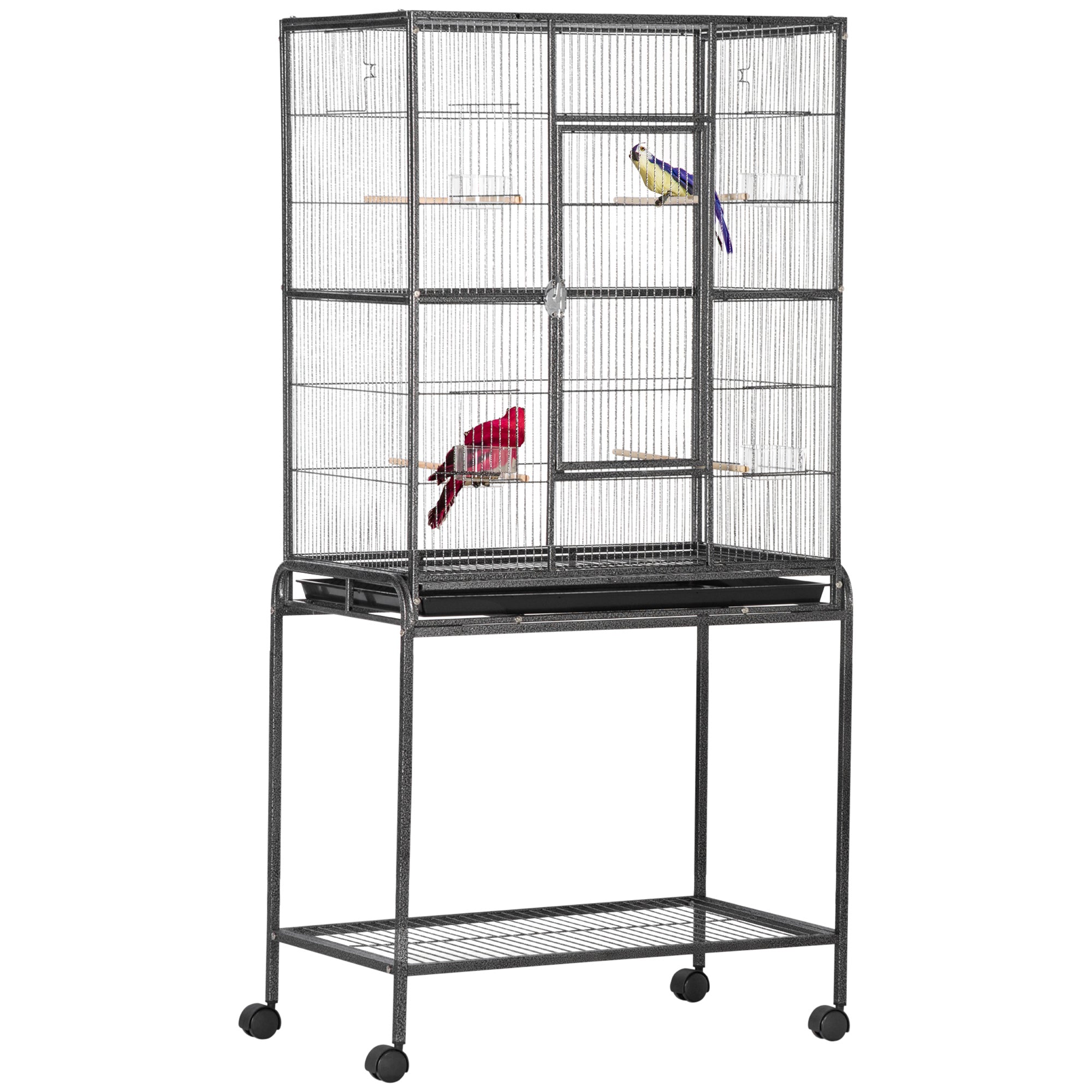 PawHut 30'' Large Rolling Metal Bird Cage Bird House with Detachable Rolling Stand, Storage Shelf, Wood Perch Food Container - Black