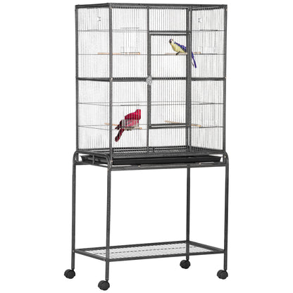 PawHut 30'' Large Rolling Metal Bird Cage Bird House with Detachable Rolling Stand, Storage Shelf, Wood Perch Food Container - Black