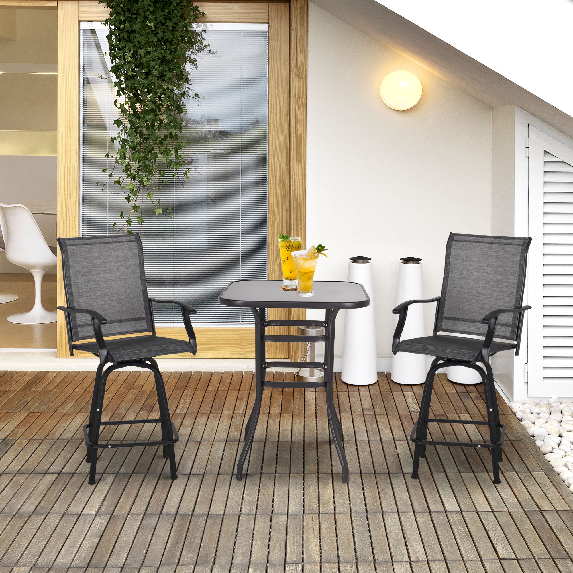 Outsunny 3 Piece Outdoor Patio Bar Set, 2 Swivel Stool and 1 Bar Table, All-Weather, Metal Frame for Balcony, Backyard, Deck, Grey