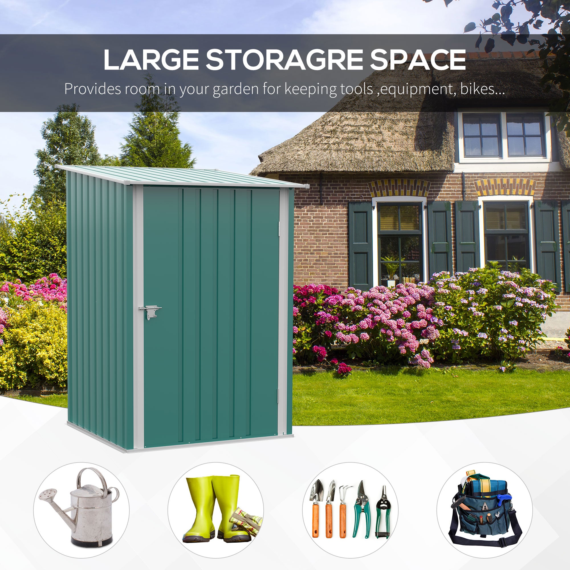Outsunny 3.3' x 3.4' Lean-to Garden Storage Shed, Outdoor Galvanized Steel Tool House with Lockable Door for Patio Green