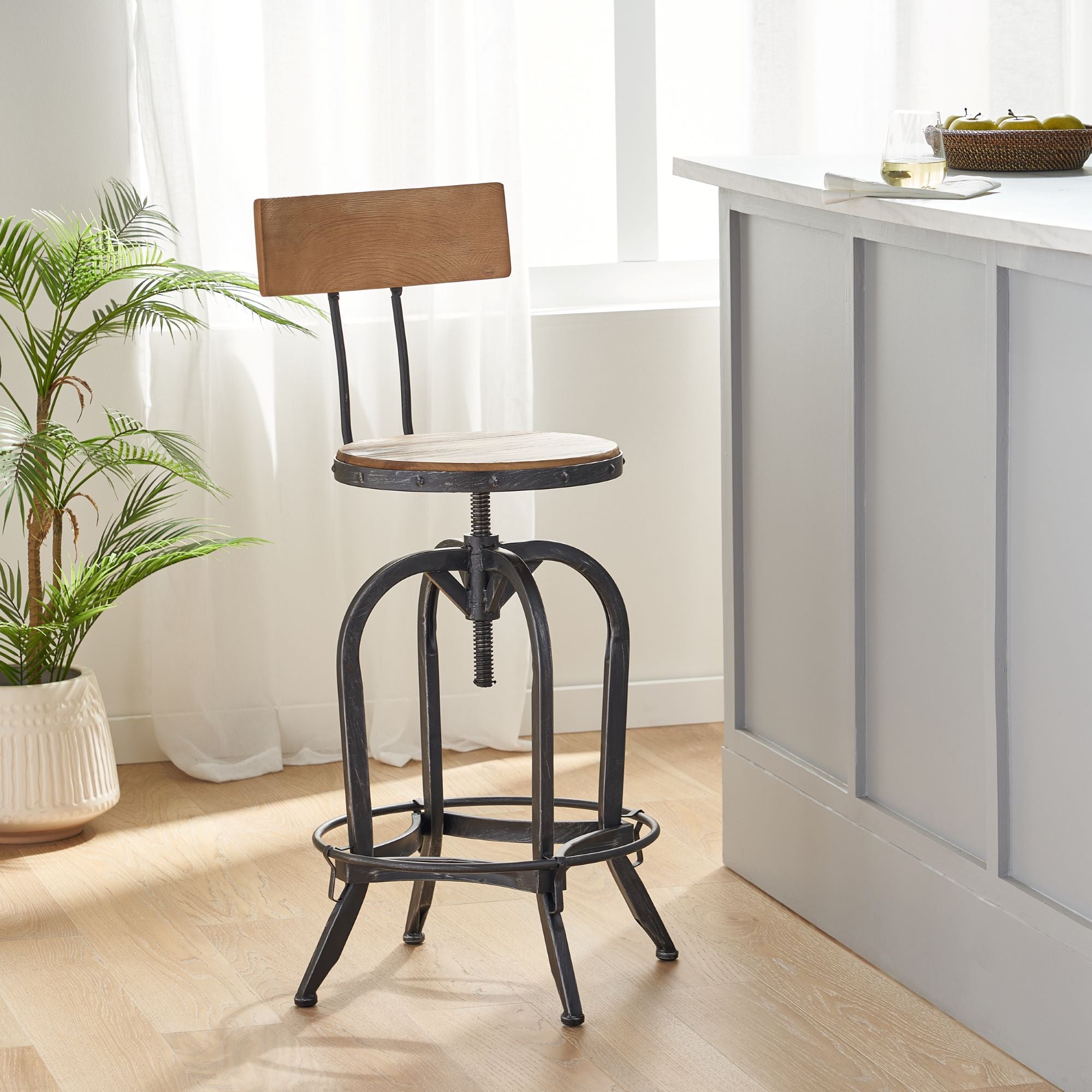 Rustic Firwood Barstool with Iron Legs, Swivel Footrest, Perfect for Retro Dens, Home Bar Areas, 18.5" L x 18.5" W x 45.5" H, Natural
