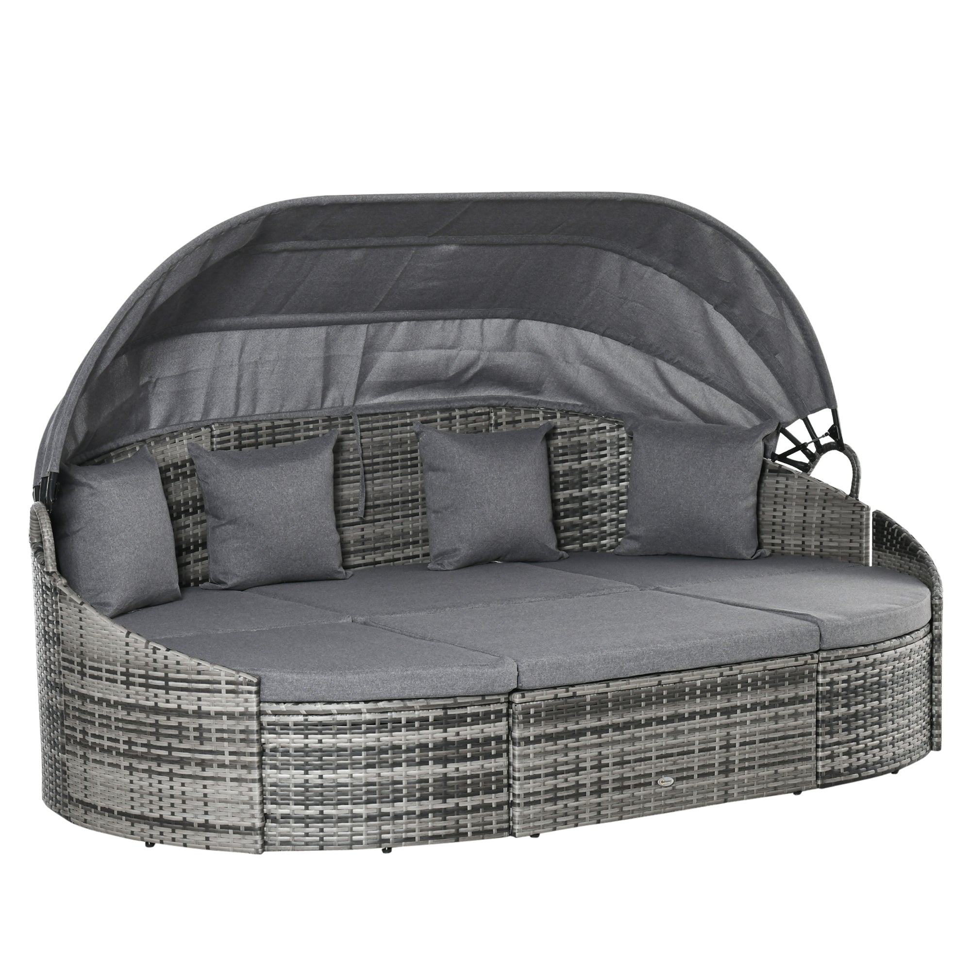 Outsunny 4 Pieces Patio PE Wicker Round Daybed, Outdoor Rattan Garden Lounge Furniture Sets, Grey