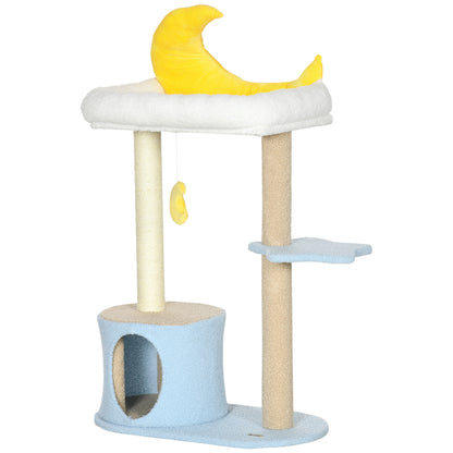 PawHut Moon Cat Tower for Indoor Cats with Teddy Fleece House Bed Scratching Post Hanging Toy Star Platform 41" Blue
