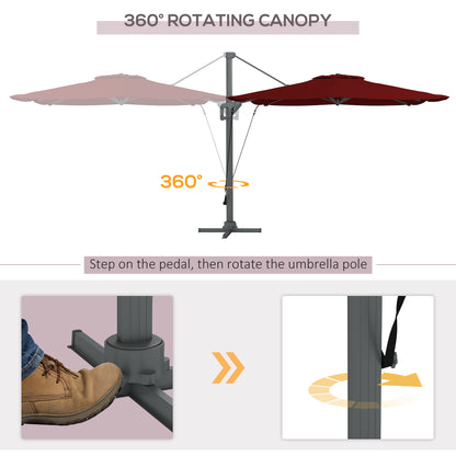 Outsunny 13 FT Cantilever Umbrella, Aluminum Hanging Offset Umbrella with 360°Rotation, Crank, Tilt, Cross Base, Red