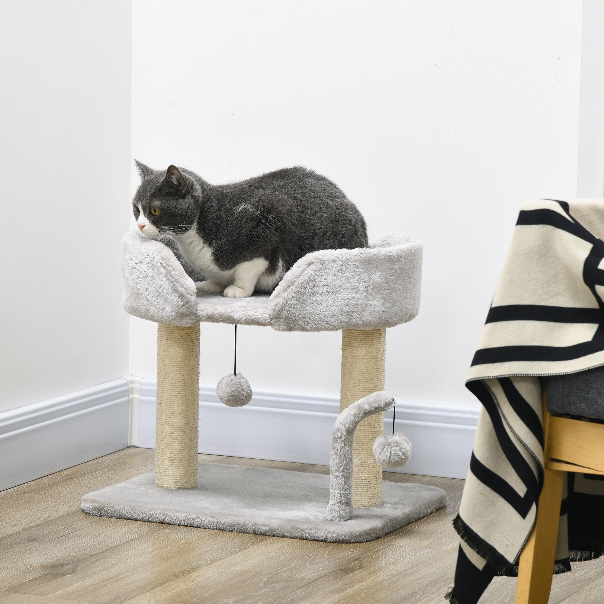 PawHut Cat Tower Condo for Indoor Cats, Small Cat Tree with Sisal Scratching Posts, Top Perch, Dangling Balls, Light Grey