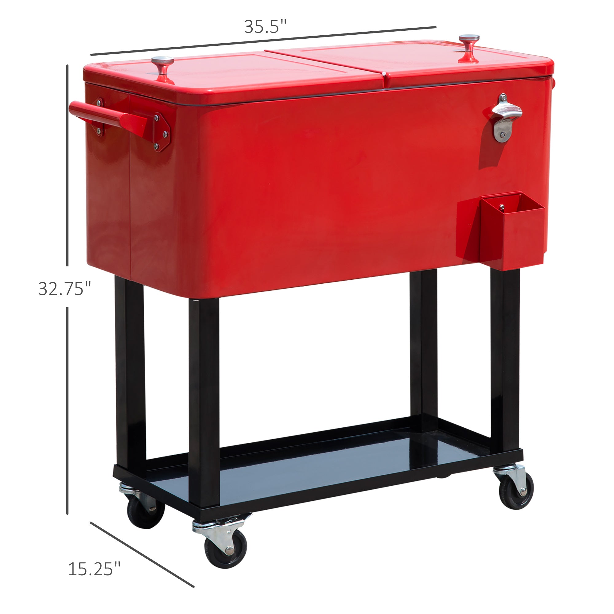 Outsunny 80 Quart Rolling Cooler Cart Portable Patio Ice Beer Beverage Cooling Bin for Outdoor Party w/ Bottle Opener & Storage Shelf Red