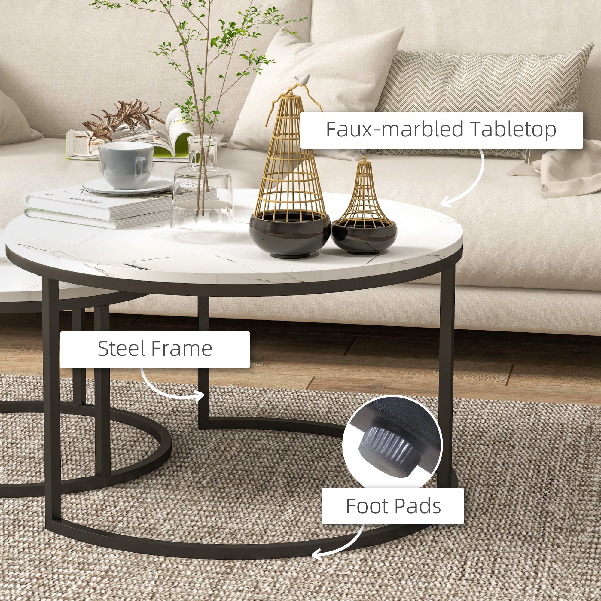 HOMCOM Modern Coffee Table Set of 2, Nesting Side Tables w/ Metal Base for Living Room Bedroom Office Faux Marbled White