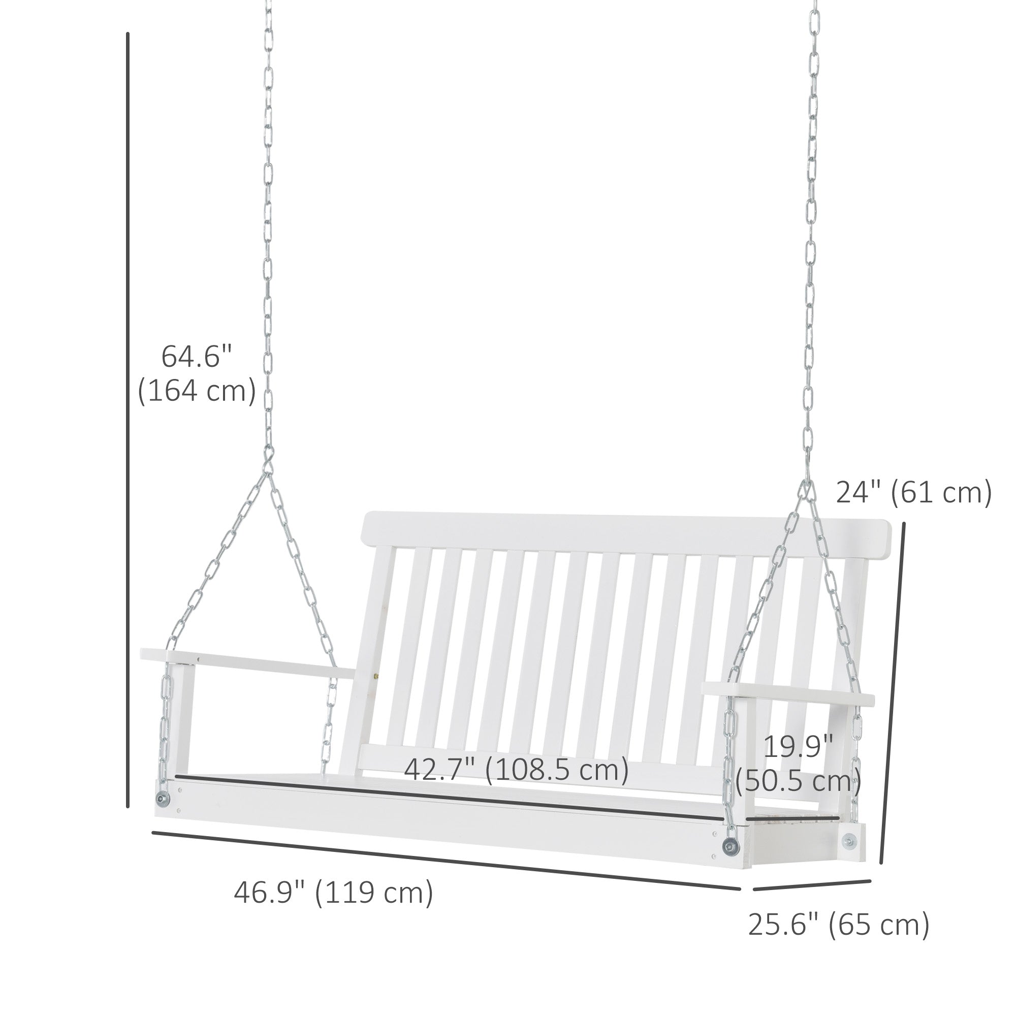 Outsunny Swing Seat Porch Outdoor 2-Seater Fir Wooden Hanging Bench with Slatted Design for Outdoor Garden White