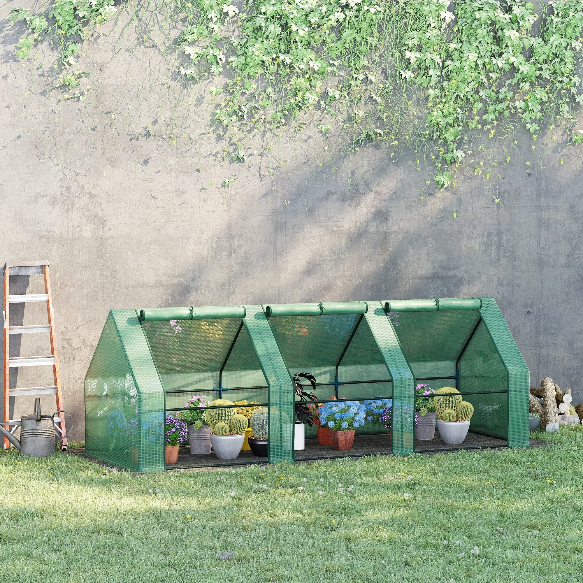 Outsunny 9' x 3' x 3' Portable Mini Greenhouse Tunnel Growing Tent Plants Flower Warm House w/ Zippered Roll-up Doors, PE Cover, Green