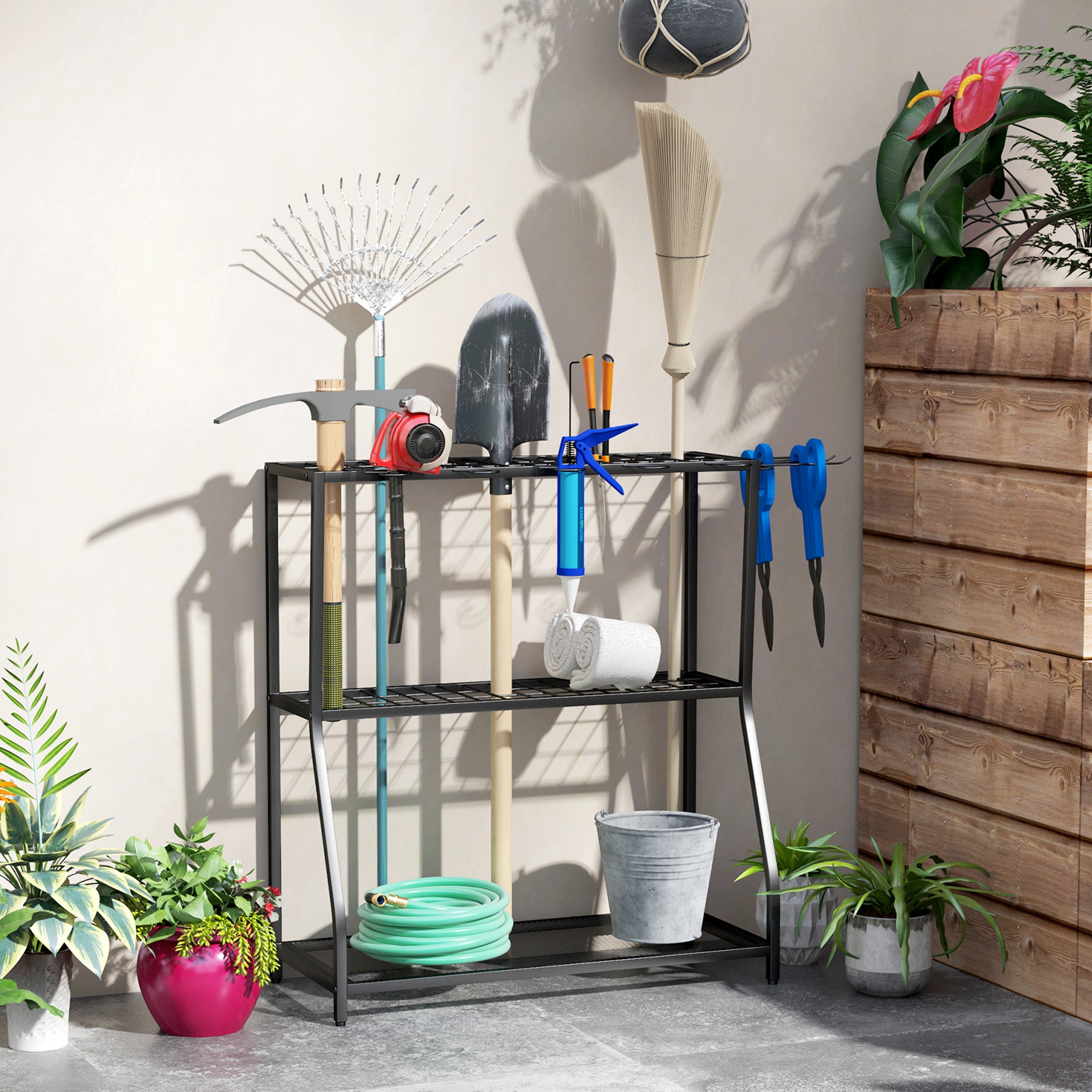 Outsunny 3-Tier Yard Tool Tower Rack, Garden Tool Organizer with Hooks for Long-Handled Rakes, Shovel, Broom, Black