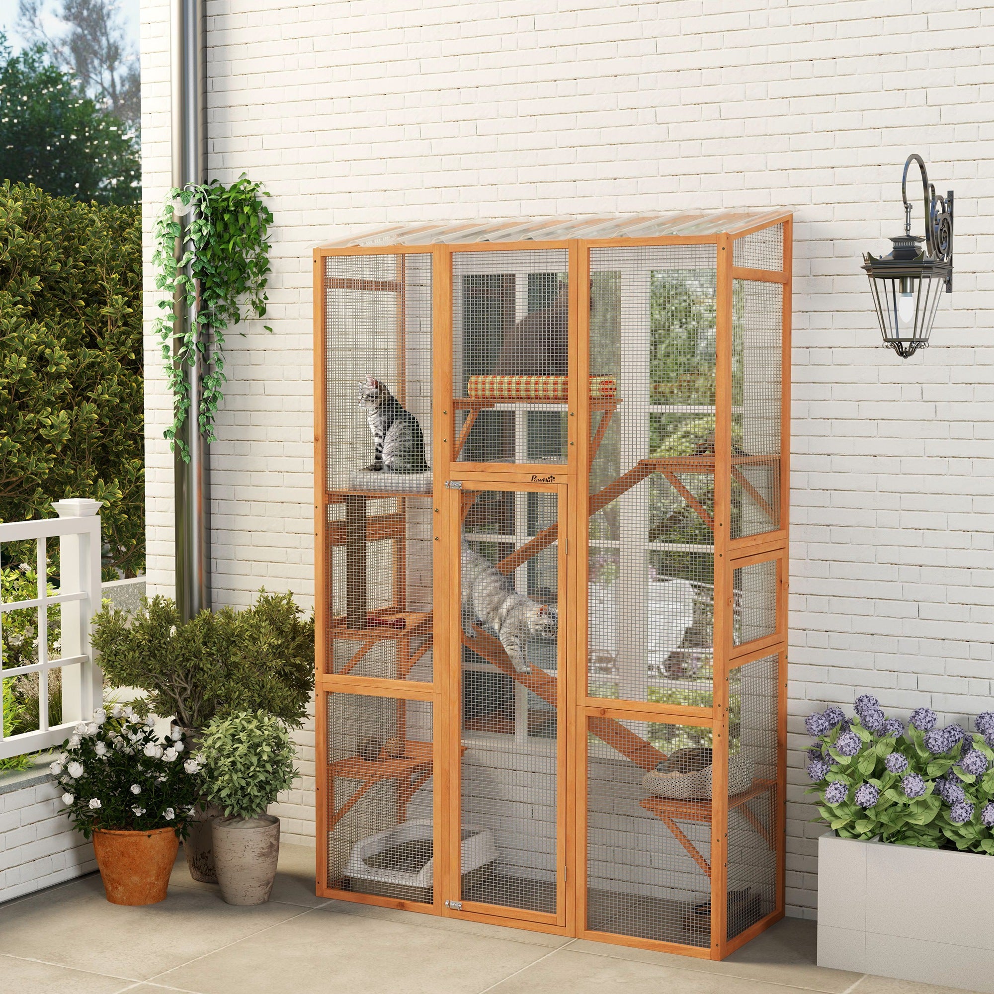 PawHut Wooden Catio Outdoor Cat Enclosure with 6 Jumping Platforms, Scratching Post, 2 Ramps, Waterproof Roof, for 2-3 Kittens
