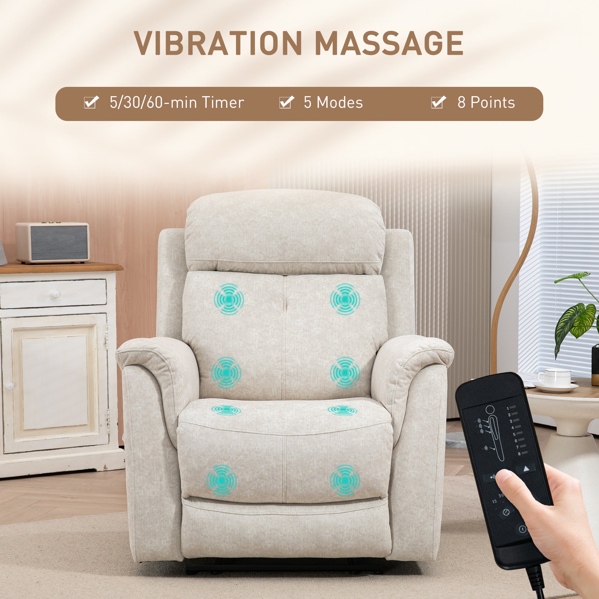 HOMCOM Manual Recliner Chair with Vibration Massage, Reclining Chair for Living Room with Side Pockets, Beige