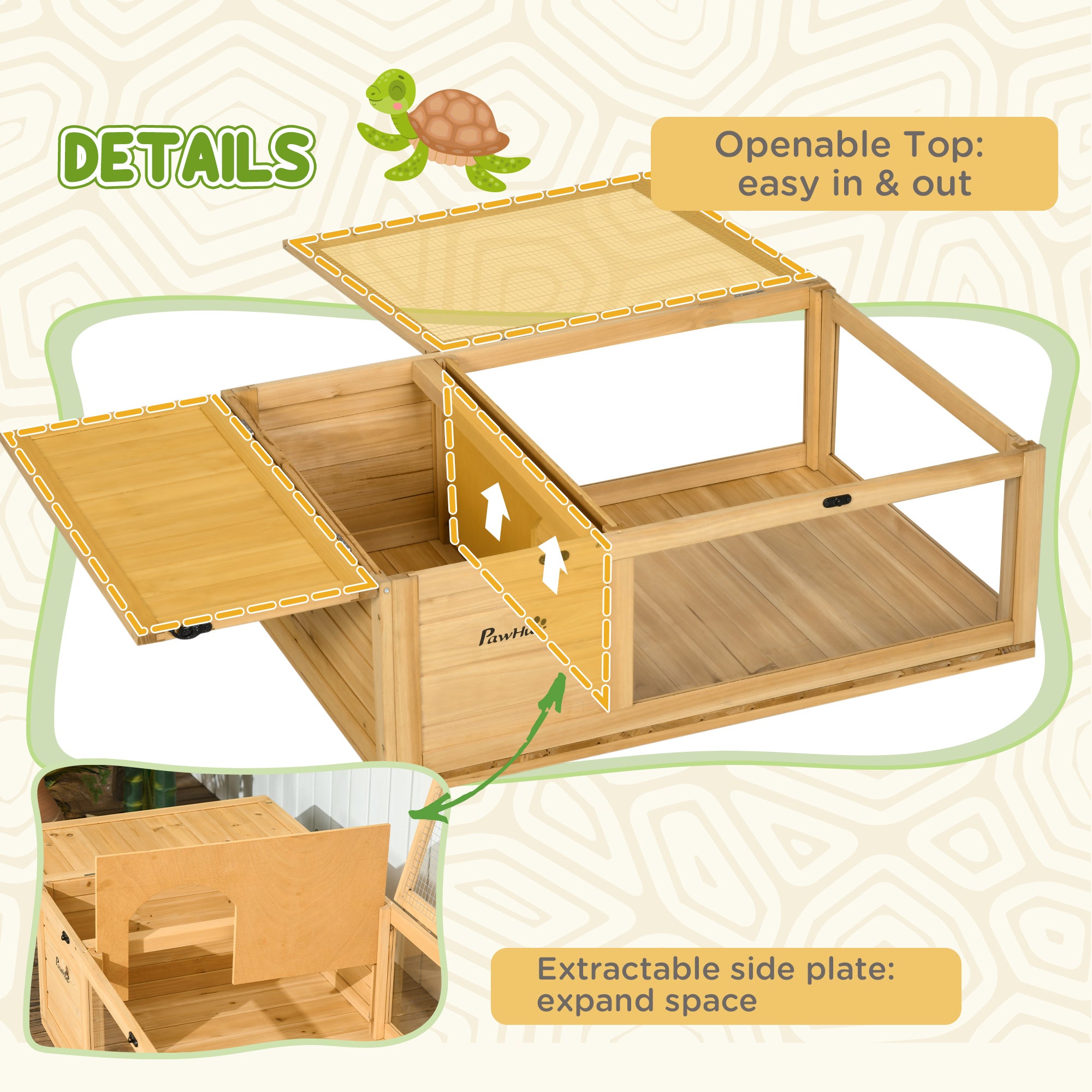 PawHut Wood Tortoise House for Lizards, Geckos, Indoor Outdoor Use, 35.8" x 23.8" x 12.6", Yellow