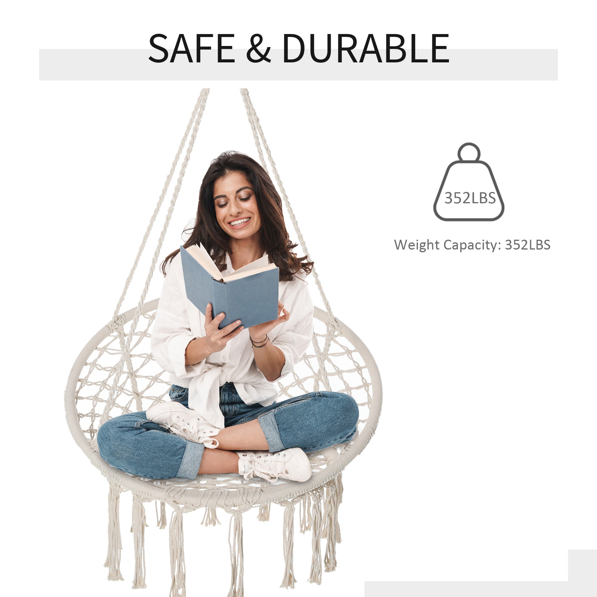 Outsunny Patio Hammock Chair, Hanging Rope Hammock Swing for Indoor & Outdoor Use with Backrest, Cotton-Polyester Blend, Fringe Tassels, Cream White
