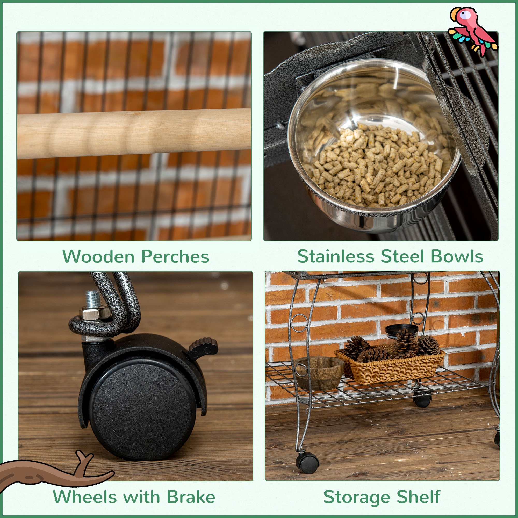 PawHut 66" Bird Cage Parrot Cage for Conures, Cockatiels, Parrotlet with Play Top, Rolling Stand, Pull Out Tray, Storage Shelf