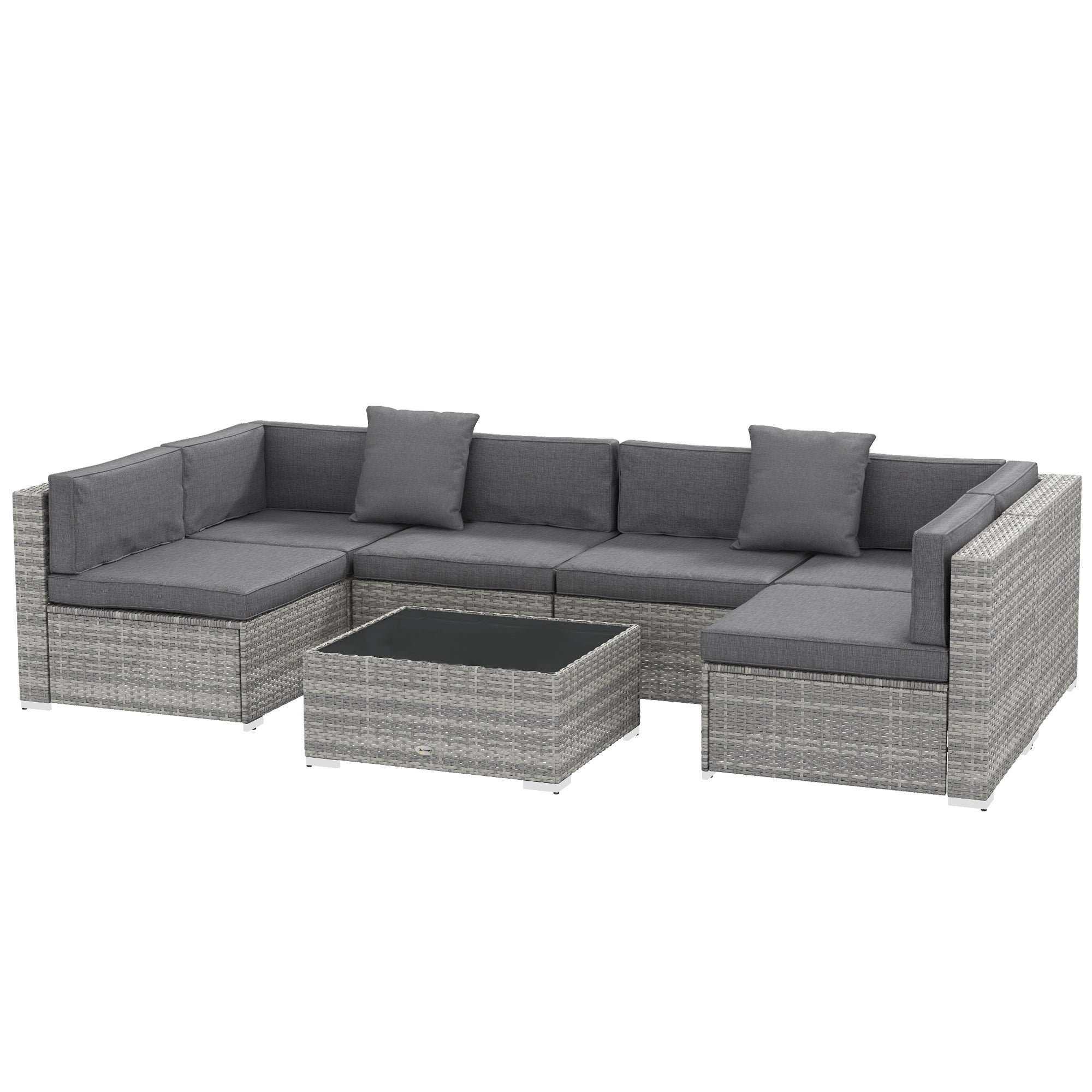 Outsunny 7pc Garden Wicker Sectional Set w/ Tea Table Patio Rattan Lounge Sofa Outdoor Deck Furniture Grey