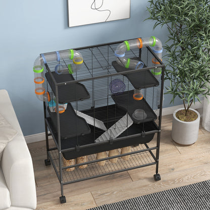 PawHut 43" Rolling Hamster Cage with Tunnel Tube System, Storage Shelf, Exercise Wheel, Food Dish, Water Bottle, Ramp