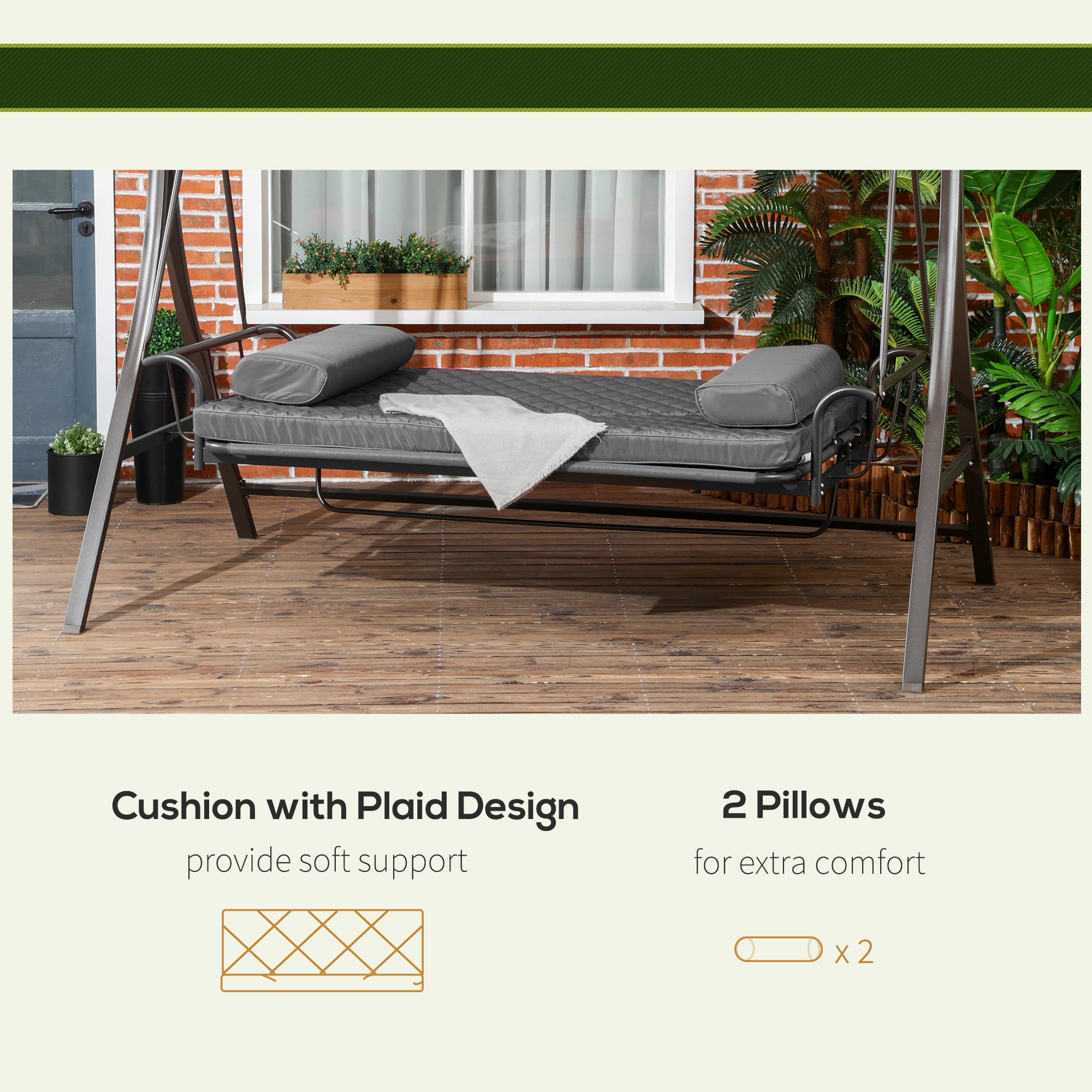 Outsunny 3 Person Porch Swing Bench with Adjustable Canopy, Cushions, Pillows for Porch and Backyard, Dark Grey