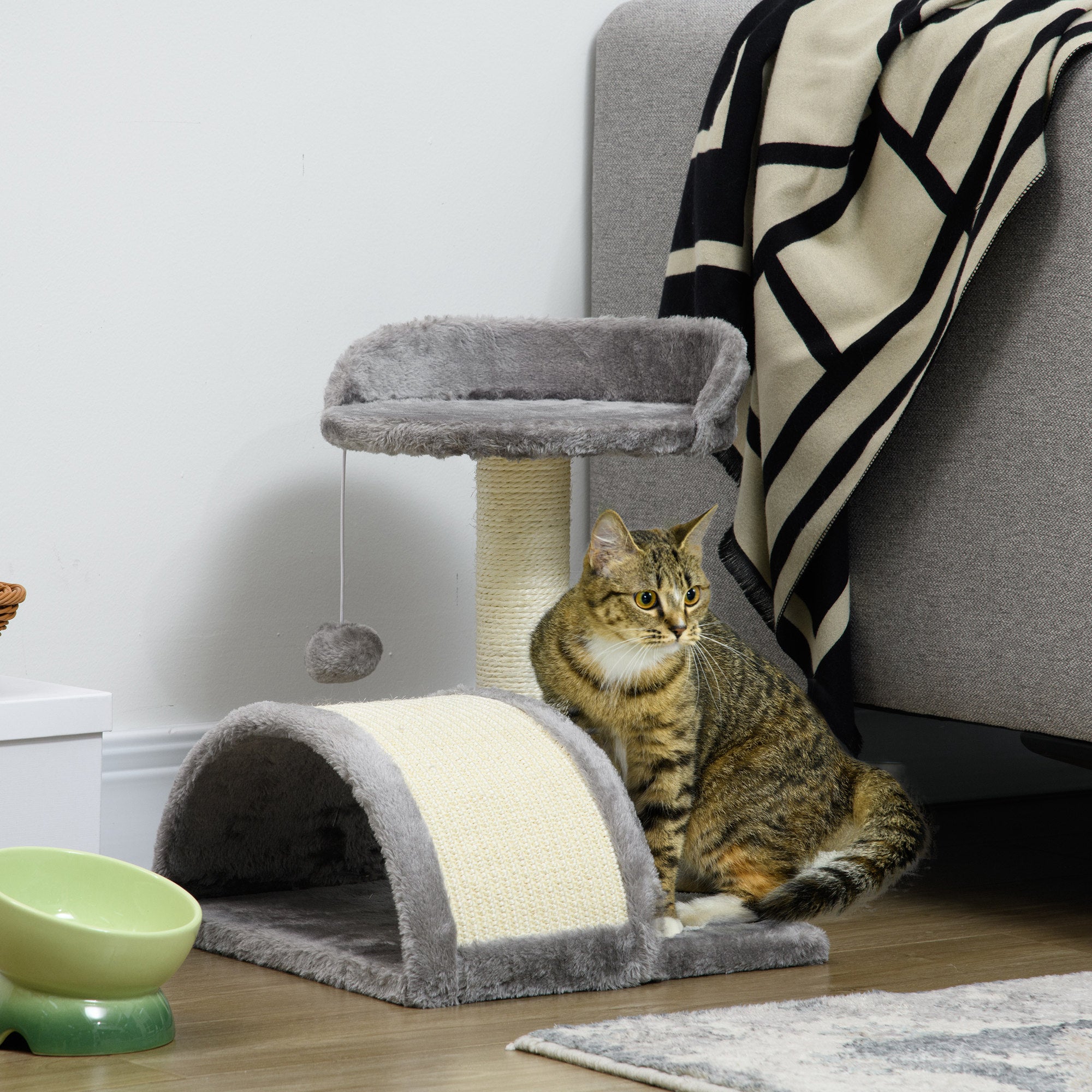 PawHut 17" Cat Scratching Tree Kitty House Kitten Activity Centre Pet Bed Post Furniture with Hanging Toy (Grey)