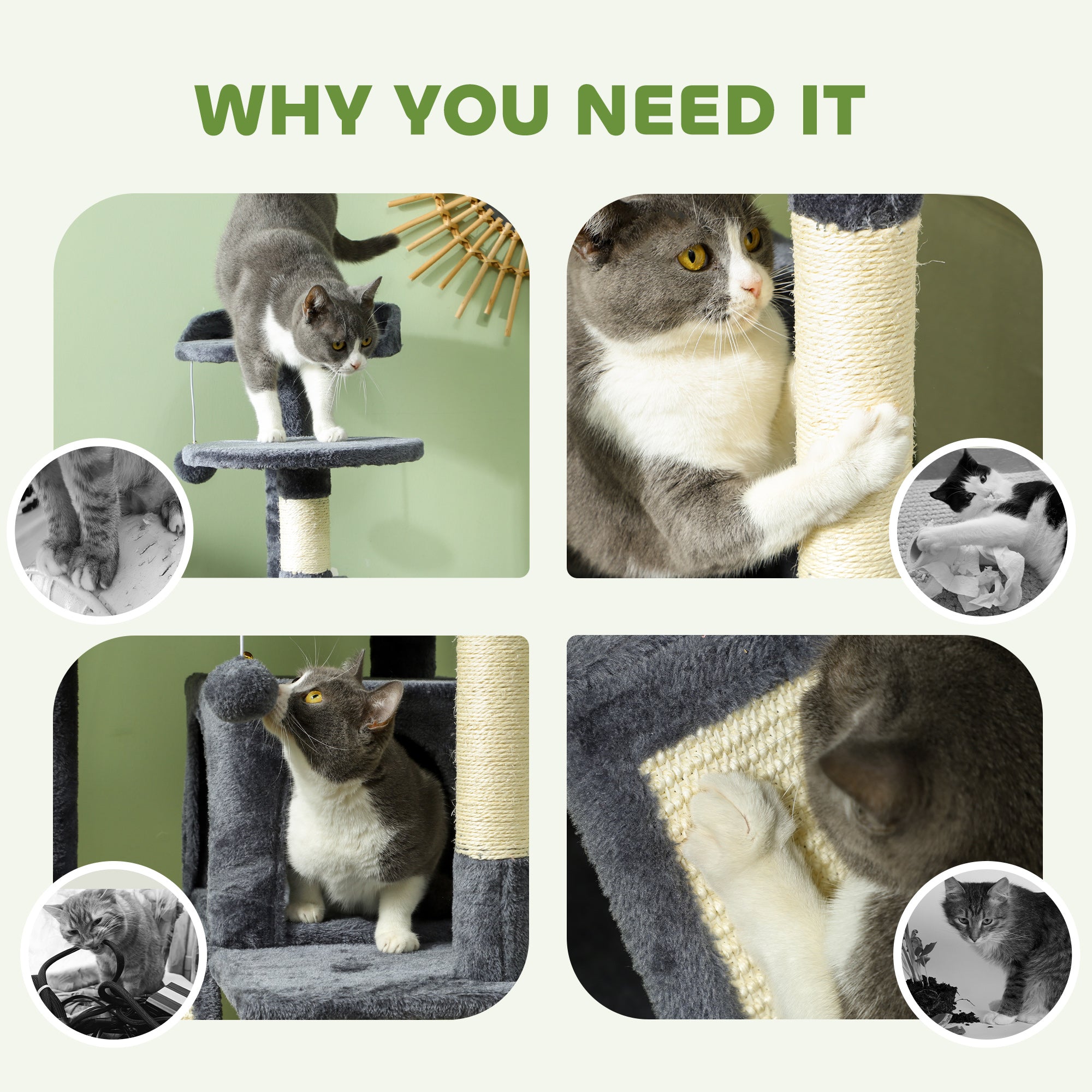 PawHut 54" Cat Tree, Multi-Level Cat Tower with Scratching Posts, Cat Condos, Bed, Platforms, Ramp, Toy Ball, Dark Grey