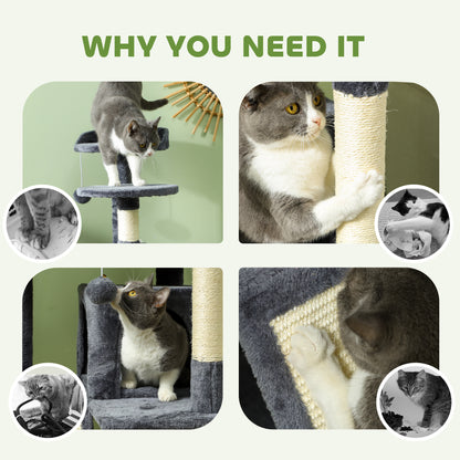 PawHut 54" Cat Tree, Multi-Level Cat Tower with Scratching Posts, Cat Condos, Bed, Platforms, Ramp, Toy Ball, Dark Grey