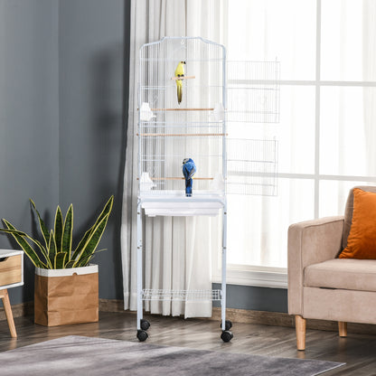 PawHut 62" Rolling Bird Cage Cockatoo House Play Top Finch Pet Supply with Storage Shelf, Wheels - White