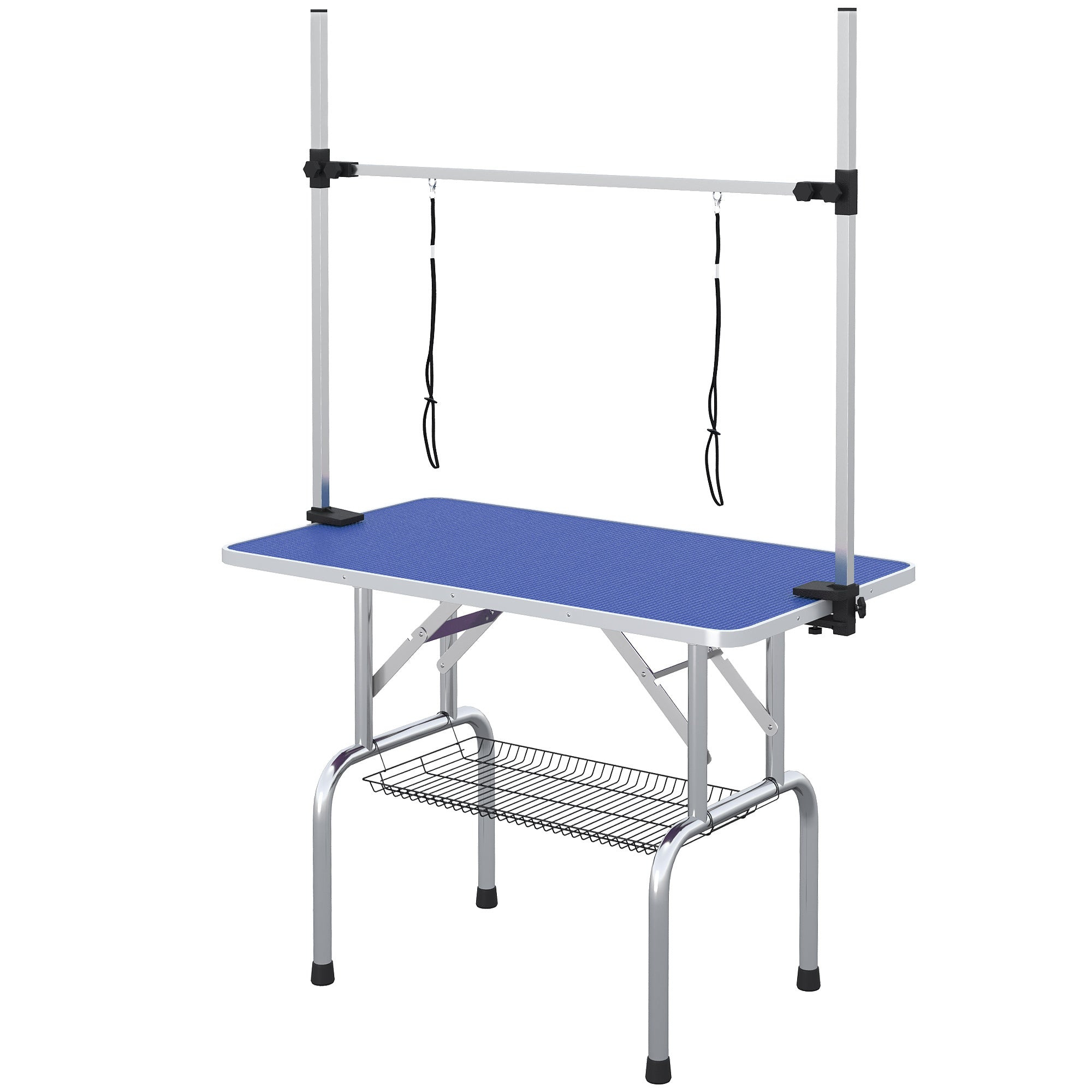 PawHut Adjustable Dog Grooming Table with 2 Safety Slings, Storage Basket, Blue
