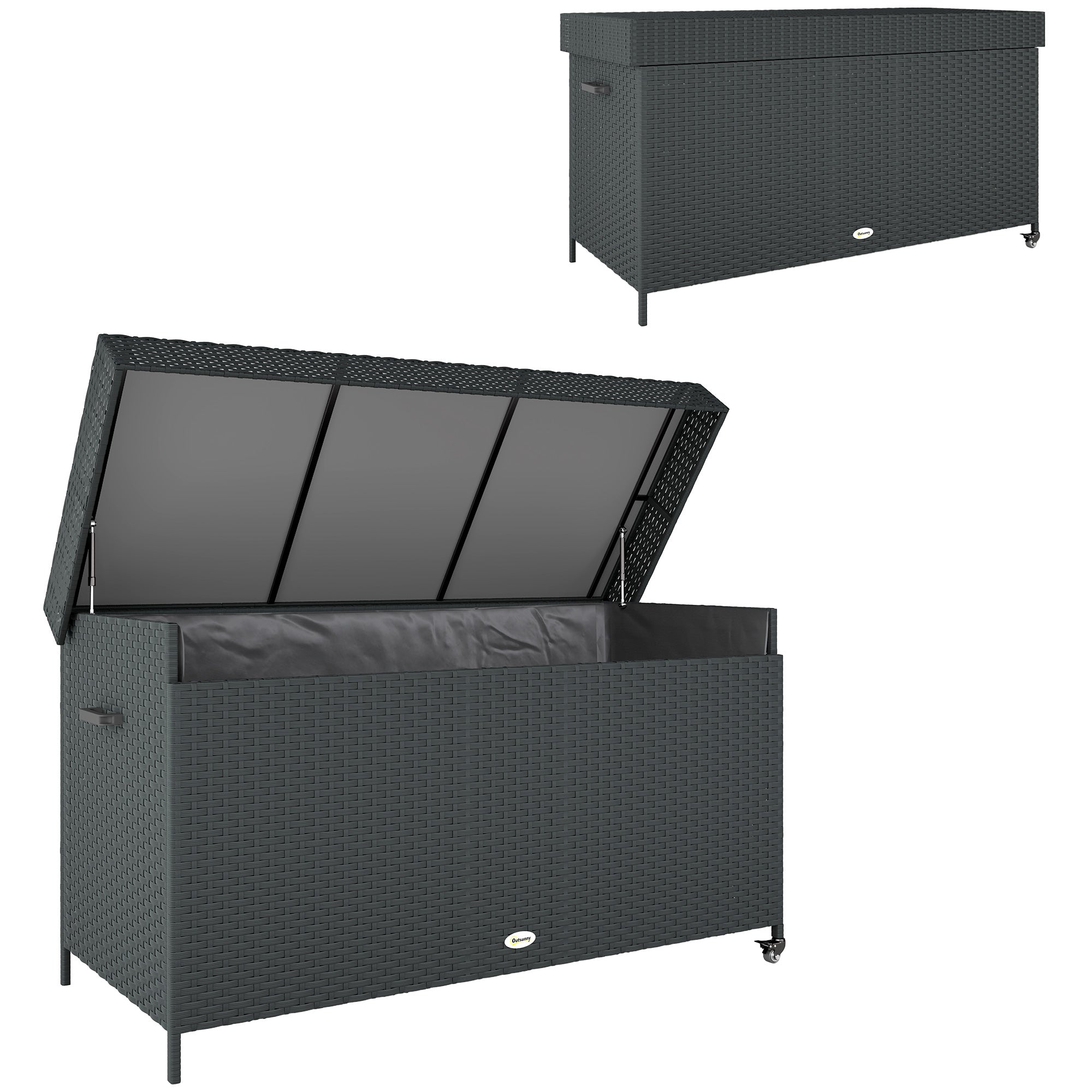 Outsunny 165 Gallon Deck Box, Wicker Outdoor Patio Storage Box with Waterproof Liner, Gas Strut and Universal Wheels, Black