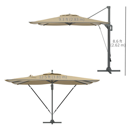 Outsunny 13 FT Cantilever Umbrella, Aluminum Hanging Offset Umbrella with 360°Rotation, Crank, Tilt, Cross Base, Khaki